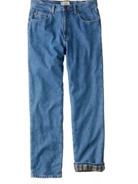 L.L. Bean relaxed fit jeans lined with blue and tan plaid flannel